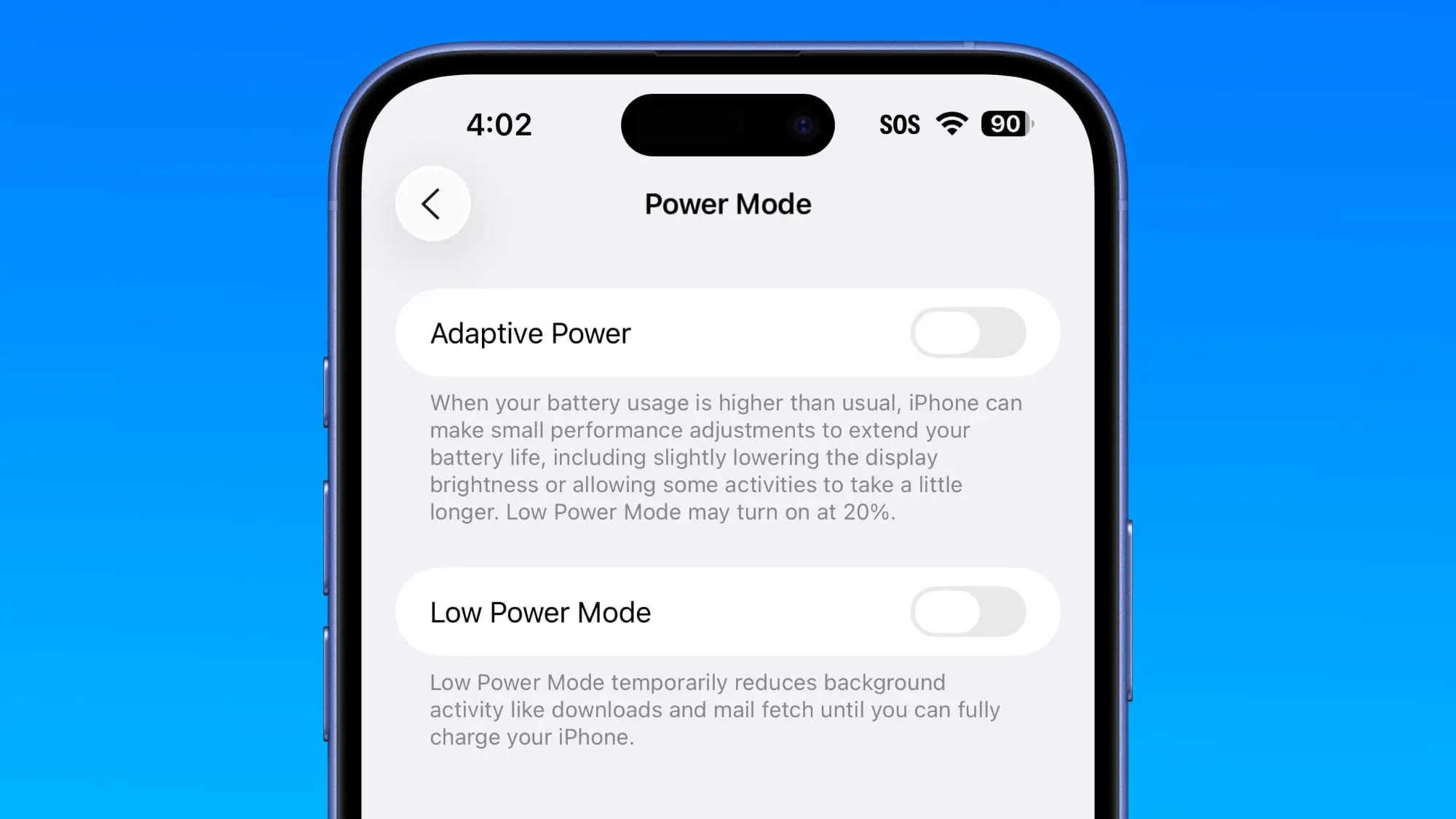 حالت Adaptive در منوی باتری iOS 26