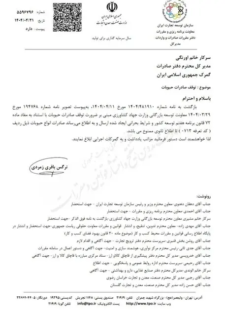 صادرات حبوبات تا اطلاع ثانوی ممنوع شد