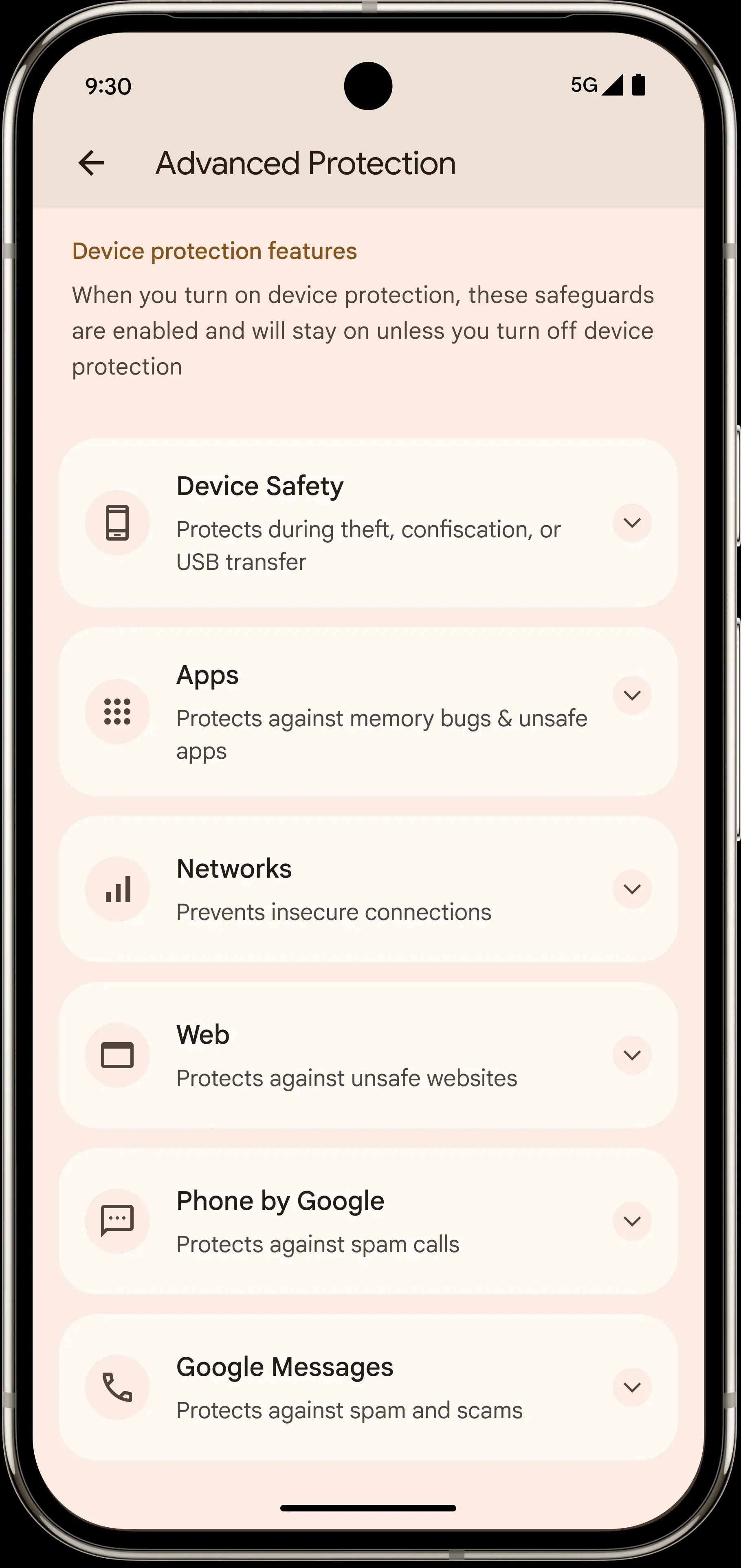 گزینه‌های قابلیت Advanced Protection اندروید ۱۶