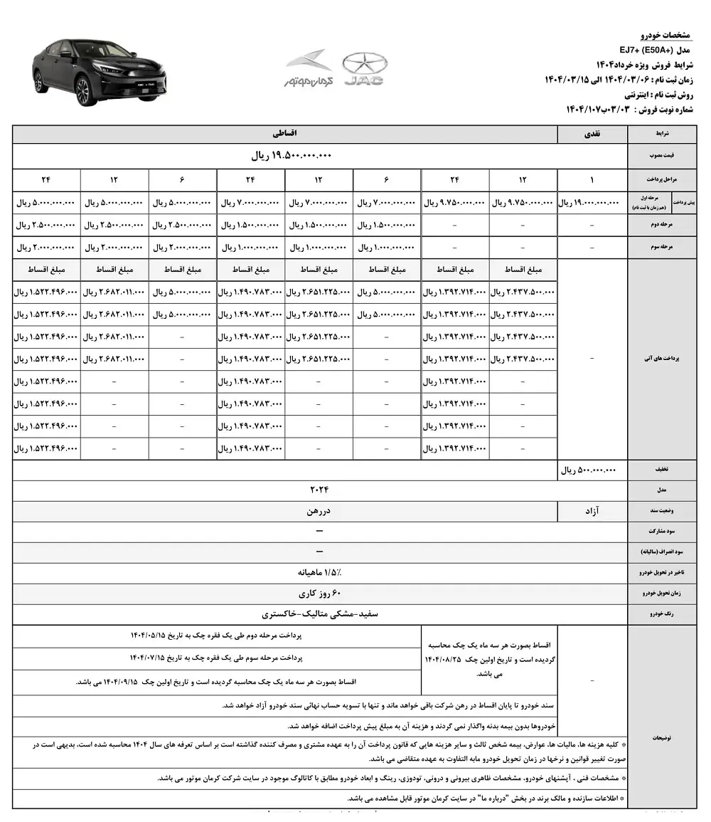 شرایط فروش کرمان موتور خرداد 1404