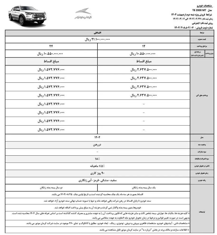 پیکاپ کی ام سی T8 کرمان موتور