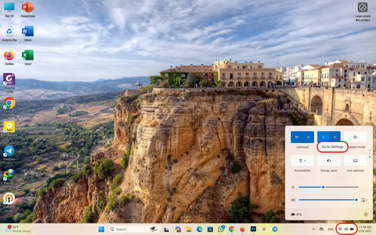 فعال سازی بلوتوث ویندوز ۱۱ از طریق Quick Settings تسک‌ بار