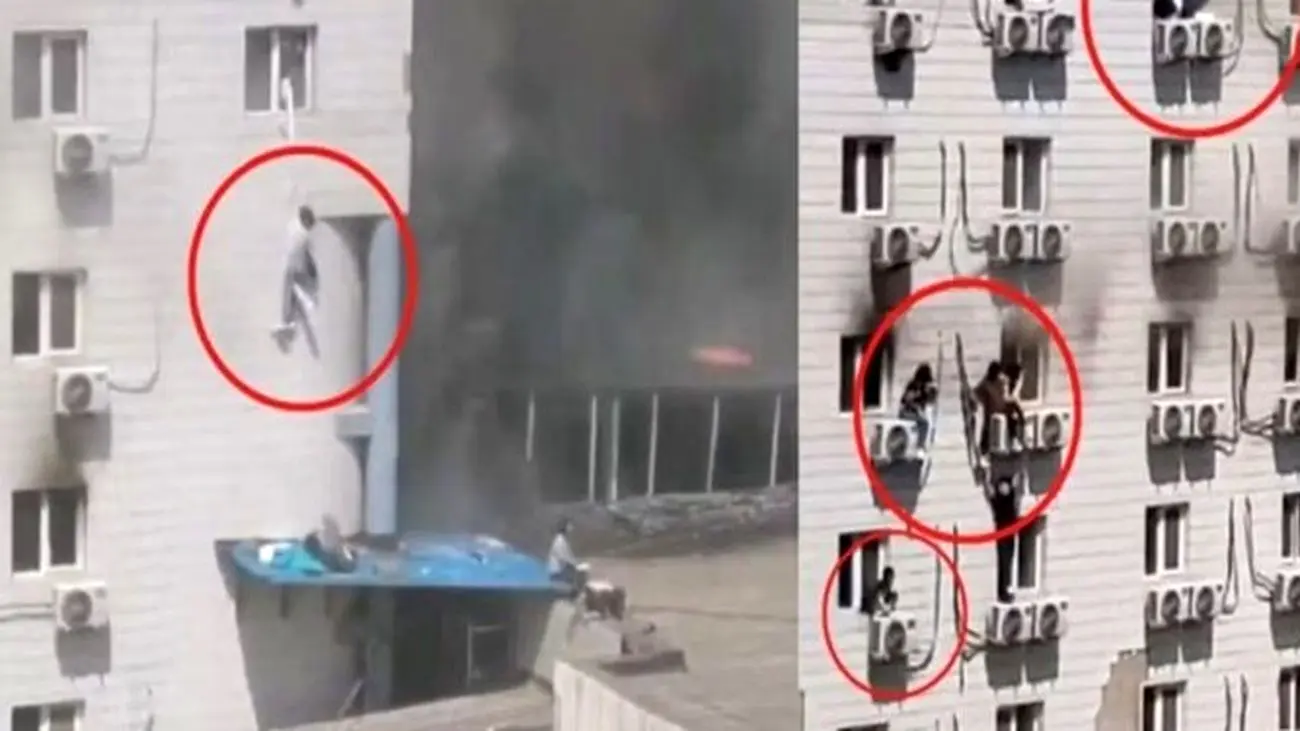آتش‌سوزی دردناک بیمارستانی در چین / آویزان شدن مردم از پنجره ها + عکس