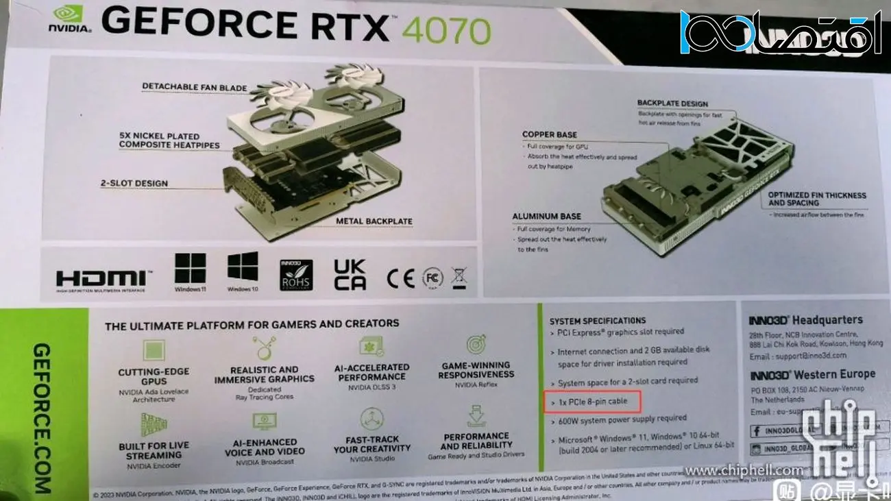 کارت گرافیک Inno3D RTX 4070، مجهز به یک ورودی 8 پین