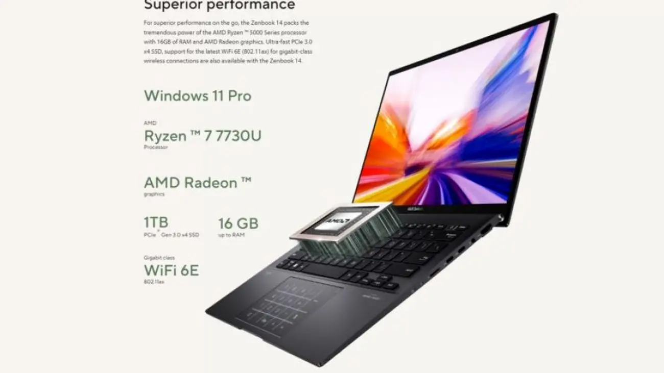 لپ تاپ ASUS Zenbook 14 با پردازنده Ryzen 7 7730U